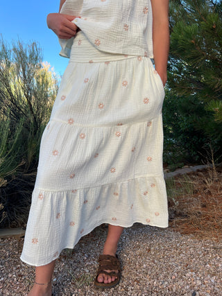 Sunset Field Embroidered Cotton Gauze Smocked Midi Skirt
