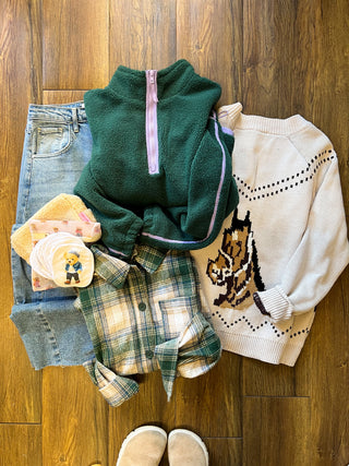 Evergreen and Lilac Sherpa Pullover