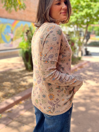 Mocha Floral Print Henley Long Sleeve