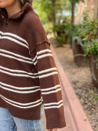Chocolate Striped Knit Quarter-Zip Sweater