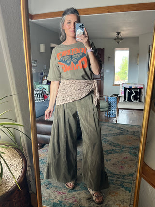 Olive Mineral-Washed Baby Corduroy Palazzo Pants
