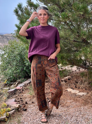 Folk Floral Print Twill Barrel Pants