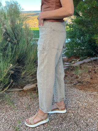 Olive Striped Barrel Pants with Belt