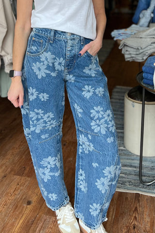 We The Free Good Luck Printed Barrel Jeans in Laser Daisy