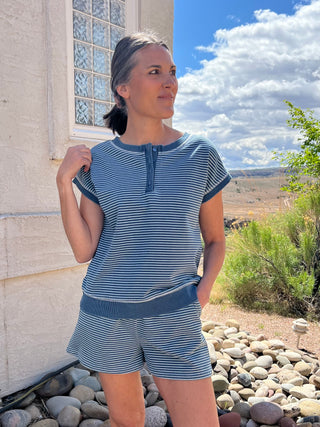 Stripe Short Sleeve Henley Knit Top