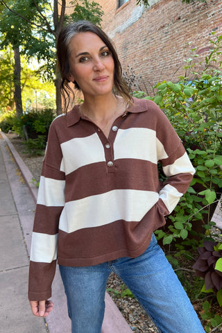 Brown Striped Sweater With Polo Collar