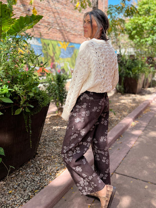 Espresso Floral Jacquard Barrel Pants