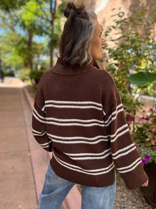 Chocolate Striped Knit Quarter-Zip Sweater
