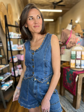 Scallop Trim Stretch Denim Vest