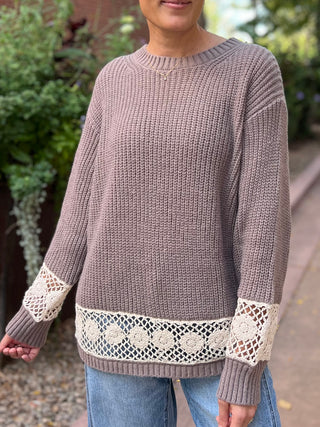 Mocha Crochet Hem Knit Sweater