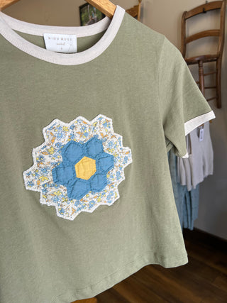Green Fig Quilt Piece Short Sleeve Ringer Tee