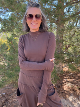 Mocha Cotton Lycra Mock Neck Crop Long Sleeve