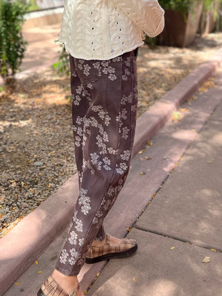 Espresso Floral Jacquard Barrel Pants