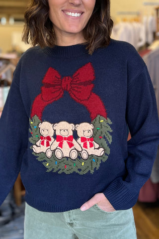 Navy Christmas Wreath Teddy Sweater