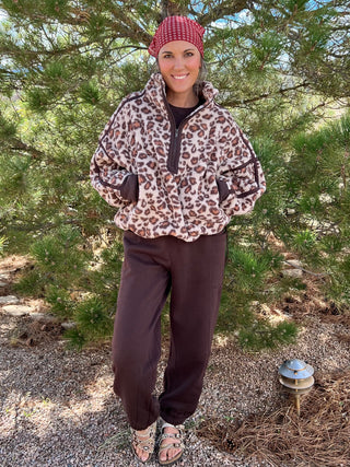 Leopard Print Sherpa Quarter Zip Jacket