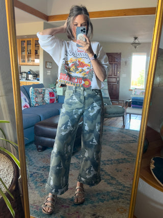 High-Rise Wide Leg Crop Cuffed Camouflage Denim