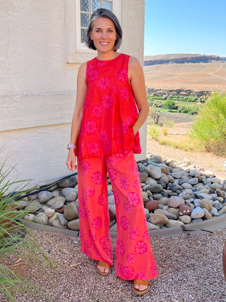 Red Orange Floral-Print Sleeveless A-Line Tunic Top