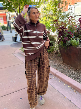 Brown Plaid Pattern Woven Barrel Pants