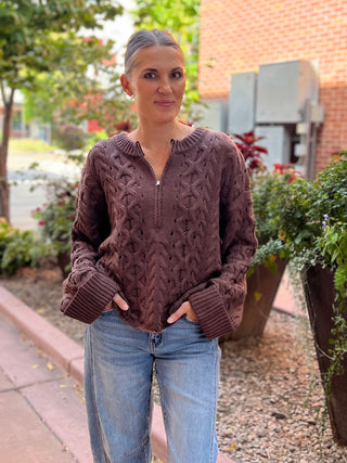 Chocolate Cable-Knit Half-Zip Cuffed Sweater