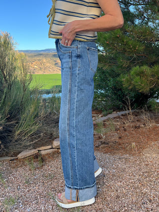 High Rise Cuffed Panel Baggy Wide Jeans