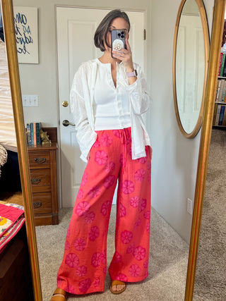 Red Orange Floral-Print Wide-Leg Drawstring Pocket Pants