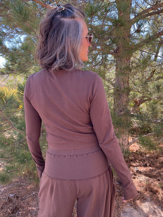 Mocha Cotton Lycra Mock Neck Crop Long Sleeve