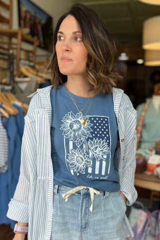 Women's Life Is Good Sunflower Flag Short Sleeve Tee