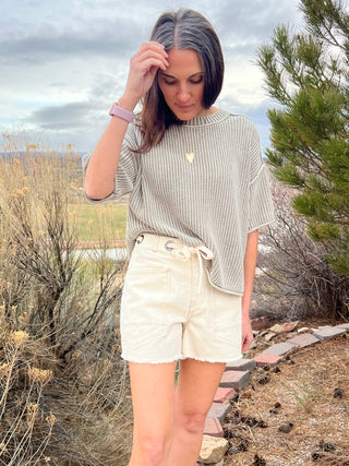 Ecru High Waist Braid Belt Front Pocket Shorts