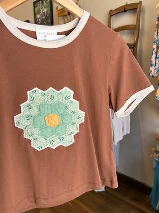 Cocoa Quilt Piece Short Sleeve Ringer Tee