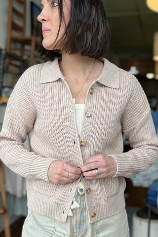 Taupe Chunky Button Up Collared Cotton Blend Cardigan