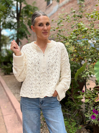Cream Cable-Knit Half-Zip Cuffed Sweater