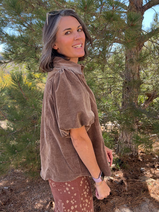 Mocha Bubble-Sleeve Baby Corduroy Blouse