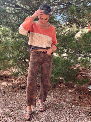 Brown Floral Denim Barrel Pants