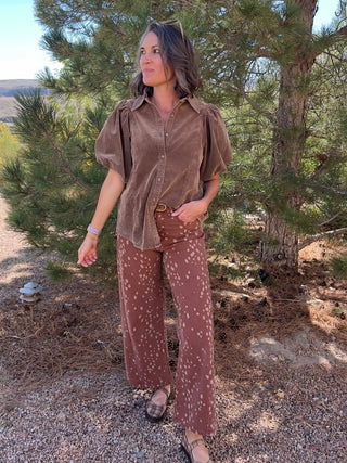 Mocha Bubble-Sleeve Baby Corduroy Blouse