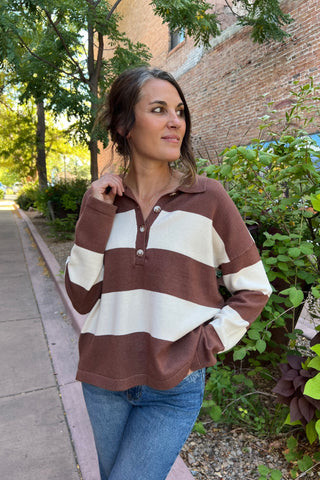 Brown Striped Sweater With Polo Collar