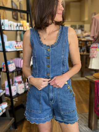 Scallop Button-Side Stretch Denim Shorts