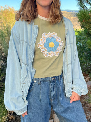 Light Washed Ruched Denim Zip Jacket