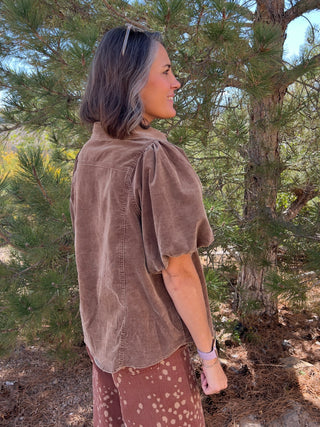 Mocha Bubble-Sleeve Baby Corduroy Blouse