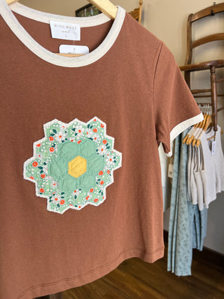 Cocoa Quilt Piece Short Sleeve Ringer Tee