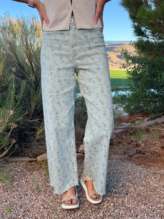 Floral Print Wide Leg Denim Jeans