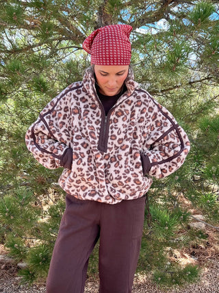 Leopard Print Sherpa Quarter Zip Jacket