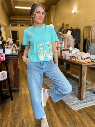 Tulip Quilt Applique Aqua Boxy Tee