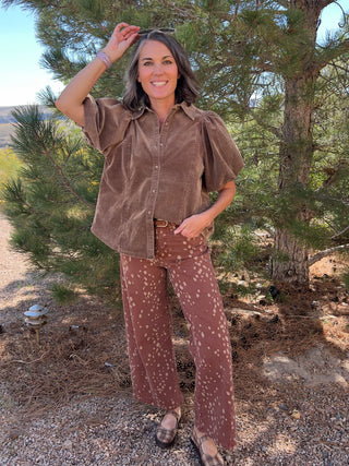 Mocha Bubble-Sleeve Baby Corduroy Blouse