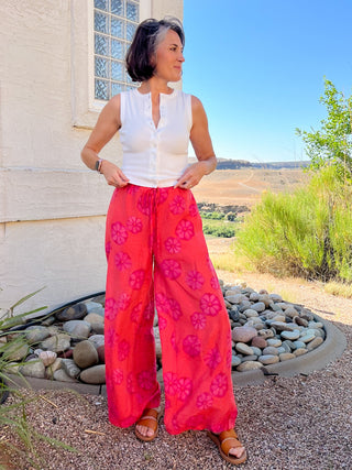 Red Orange Floral-Print Wide-Leg Drawstring Pocket Pants