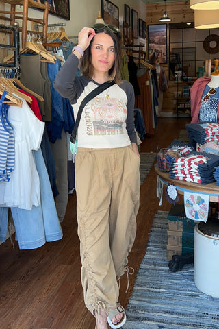 Washed Drawstring Detail Pants in Camel