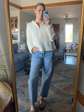 Cream Cable-Knit Half-Zip Cuffed Sweater
