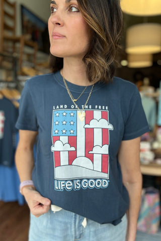 Women's Life Is Good Land the Free Flag Short Sleeve Crusher Tee