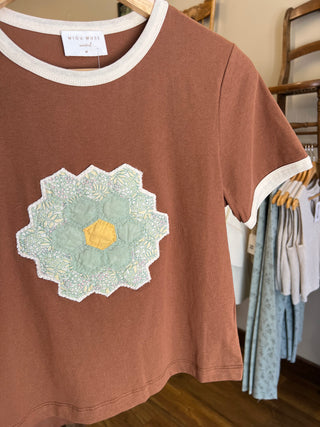 Cocoa Quilt Piece Short Sleeve Ringer Tee