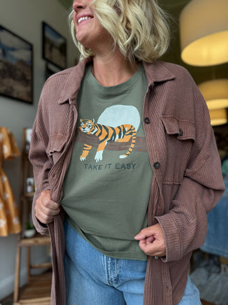Women's Life Is Good Take It Easy Tiger Short Sleeve Boxy Crusher Tee