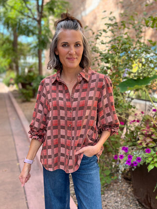 Textured Plaid Check Bubble Sleeve Top